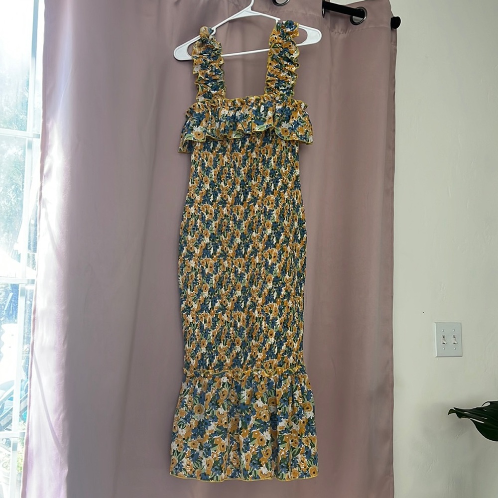 PinkBlush Yellow Multi Color Floral Smocked Fitted Maternity Midi Dress